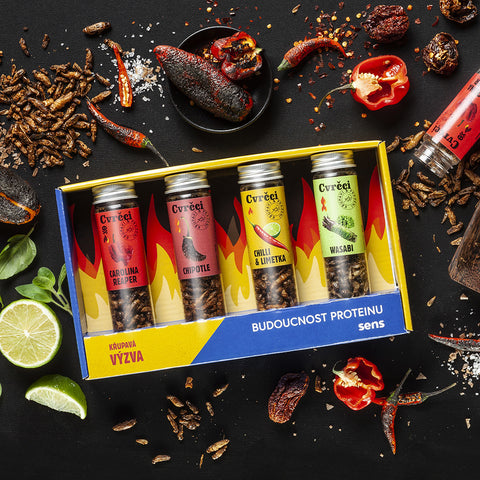 Páliví pražení cvrčci v dárkové krabičce